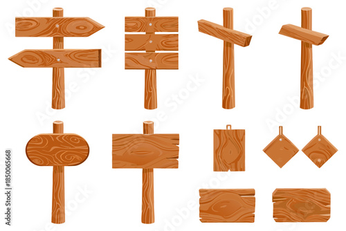 Wooden signpost bundle, flat illustration, isolated objects, consistent scale and lighting