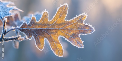 Oak leaf covered in shimmering frost and ice crystals, catching golden sunlight on a cold winter morning