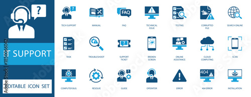 IT Support Icon Set. Featuring tech support, troubleshooting, cloud computing, and computer repair symbols for web and app design. Editable vector icons.