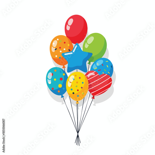 A colorful bouquet of balloons with various patterns and a blue star balloon