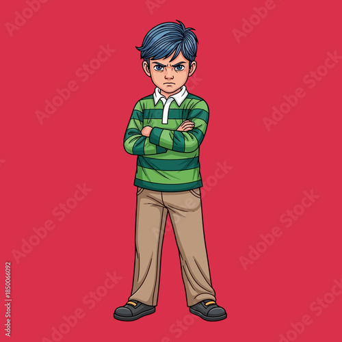 Angry boy with blue hair standing.