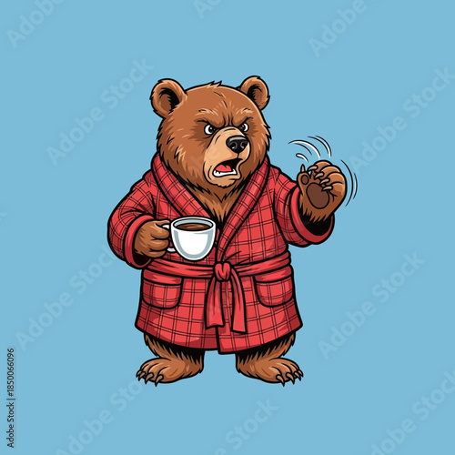 angry bear in red robe holding coffee.