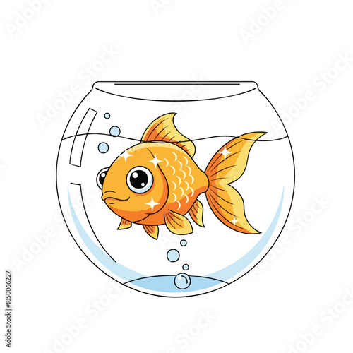 A cartoon goldfish in a glass bowl with bubbles, isolated on white