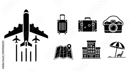 Travel Grid Solid Filled Icons Couple Moments Airplane Suitcase Camera