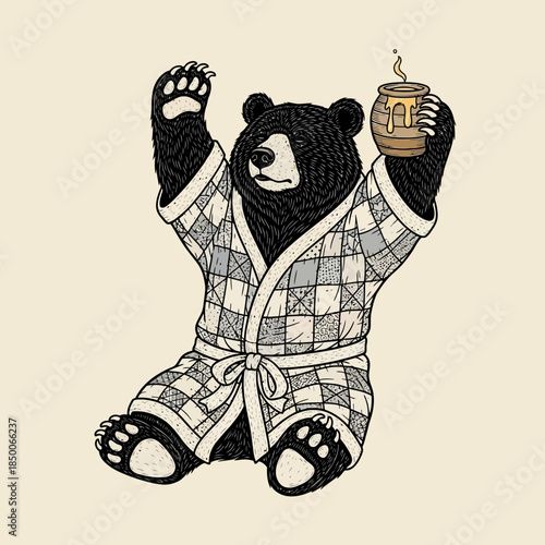 Bear in robe holding coffee mug.