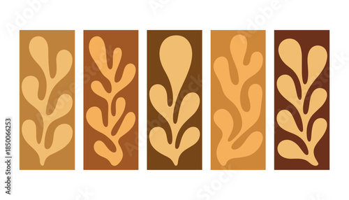 Five abstract organic shapes in warm brown and beige tones arranged vertically abstract organic pattern