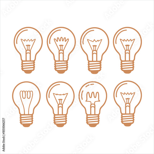 Eight light bulbs with different filament in a two-row arrangement on a white background idea concept