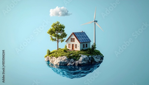 Floating Eco Island with Green Home, Solar Panels and Wind Turbine, Sustainable Living and Renewable Energy Concept Illustration