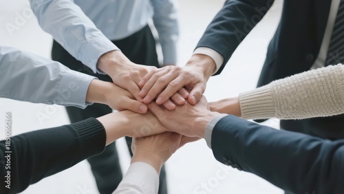 Multiple hands overlap and gather; workplace attire creates a sense of cohesion and strength in team collaboration.