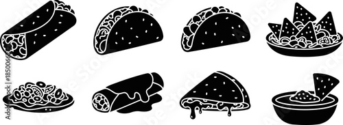 Refried Beans Solid Filled Icons Burrito Taco Nachos Tostada Dish