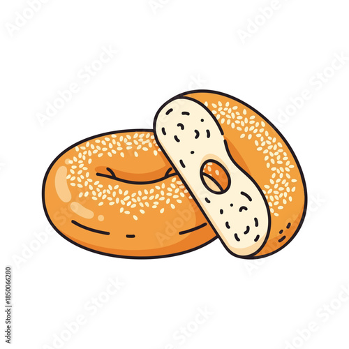 An illustrated bagel with sesame seeds, and a slice, isolated on a white background