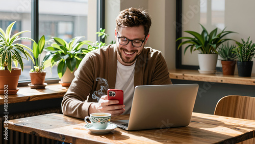 Smiling man telecommuting using phone and laptop