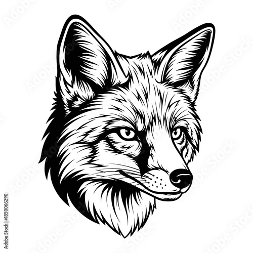 Black and White Fox Head Illustration.