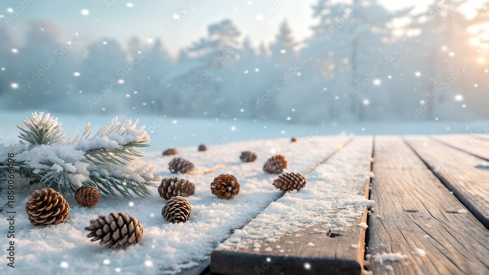 Fototapeta premium Snowy Pine Cones on Wooden Table with Winter Forest Background and Falling Snow Stock Photo pine, cones, snow, winter, wooden, table, forest, falling, snowy, christmas, holiday, background, frost,