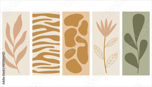 Five abstract vertical panels featuring organic shapes leaves and a flower in muted earthy tones leaf