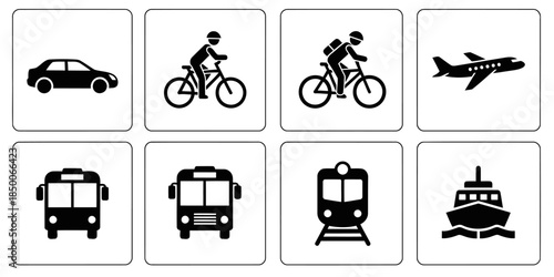 Transportation Grid Solid Filled Icons Car Driving Bicycle Ride Airplane