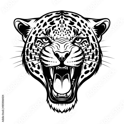 Black and white illustration of leopard head.