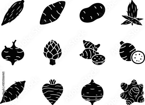 Tuber Grid Solid Filled Icons Potato Sweet Yam Cassava Taro