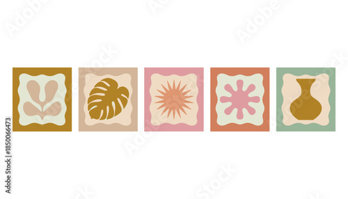 Five abstract squares featuring organic shapes monstera leaf and vase in muted earthy tones abstract organic shapes