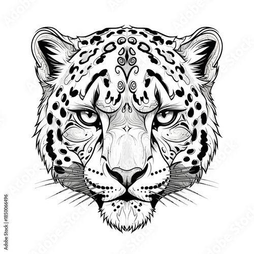 Black and White Leopard Face Illustration.