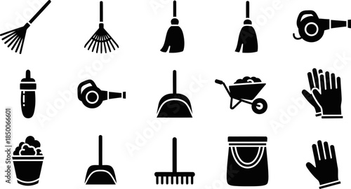 Yard Tool Solid Filled Icons Rake Broom Leaf Blower Dustpan