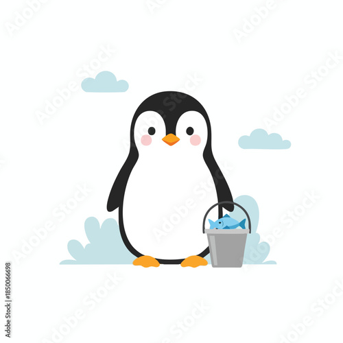 A cartoon penguin, holding a bucket with fish, stands by some light blue clouds