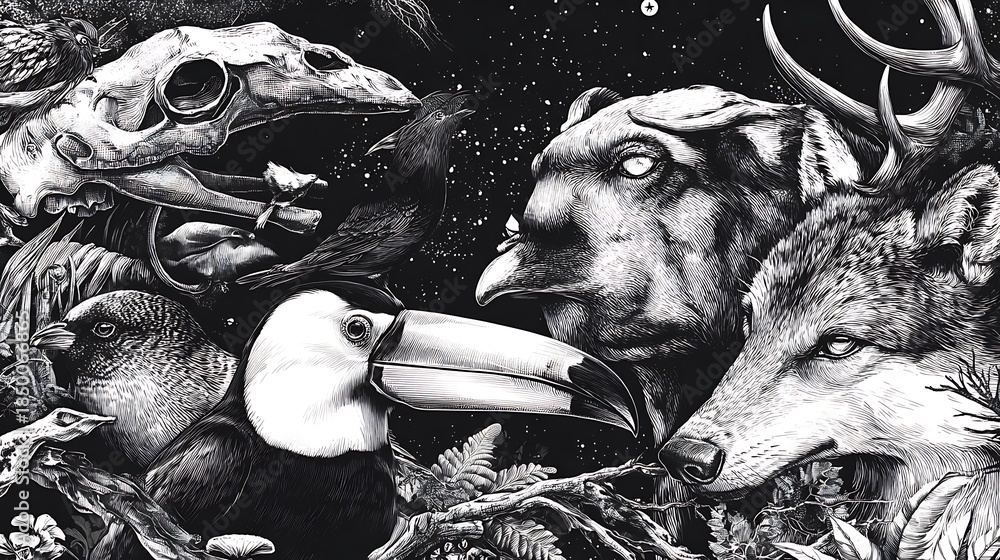 Fototapeta premium Intricate grayscale illustration of assorted animals, including skulls, a toucan, and a wolf