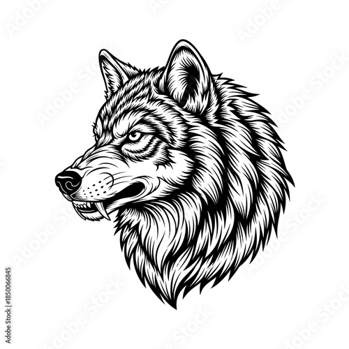 Black and White Wolf Head Illustration.