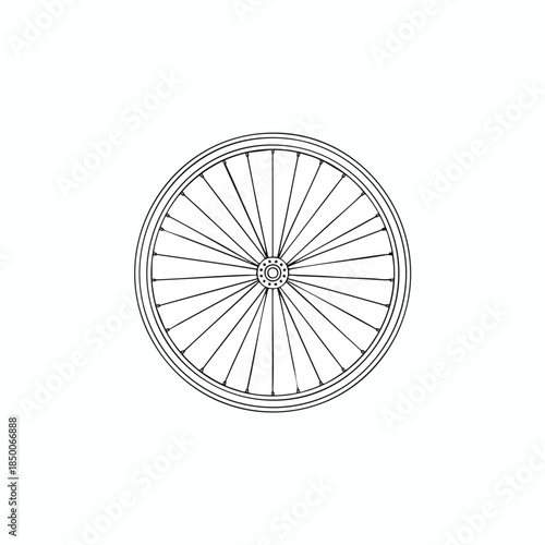 A line drawing of a bicycle wheel on white background with spokes and a hub