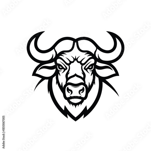 A bold, stylized graphic of a buffalo head in black against a clean white backdrop