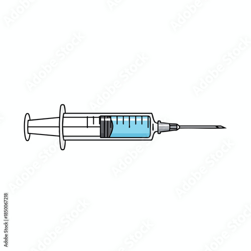 Illustration of a medical syringe with blue fluid, and needle against white