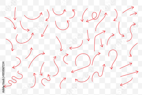 Hand drawn line arrows icons set collection. Arrow vector elements hand drawn arrows brush stroke curly arrow collection. Vector illustration isolated on white background. 