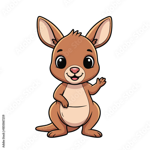 A cute cartoon kangaroo stands, waving hello, with big eyes and a friendly expression