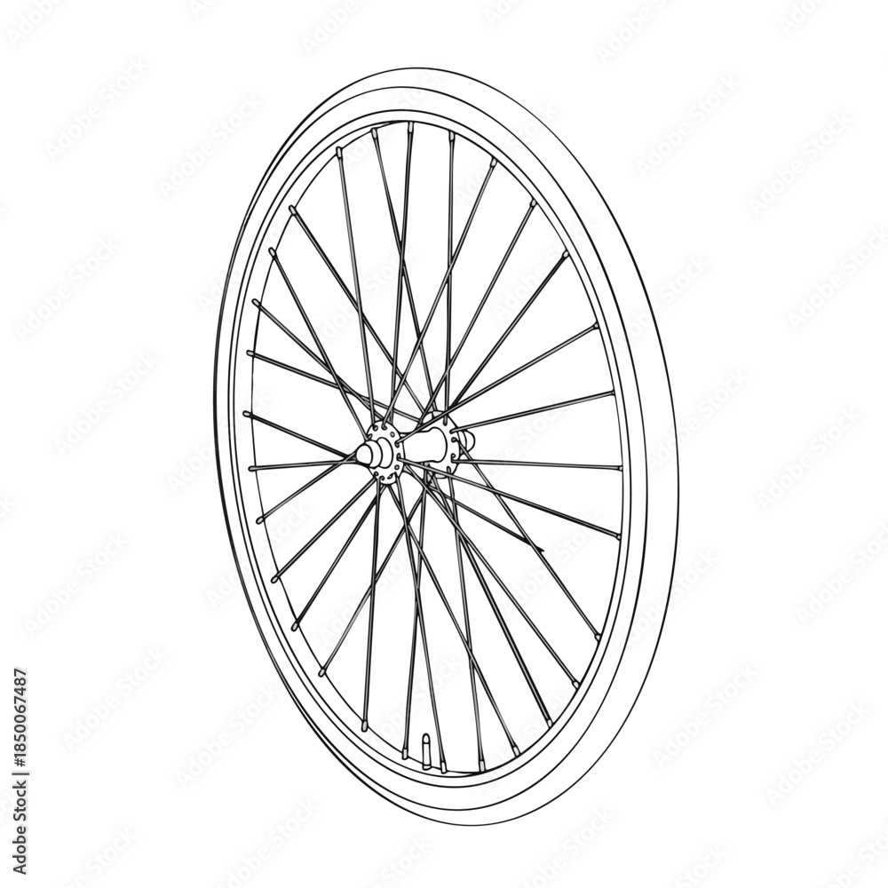 Fototapeta premium Line drawing of a bicycle wheel with spokes, rim, and hub on white background