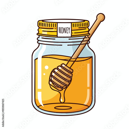 Illustration of a glass jar filled with honey and a wooden dipper