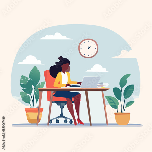 Professional woman working on laptop at modern office desk with plants