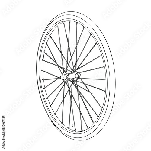 Line drawing of a bicycle wheel with spokes, rim, and hub on white background