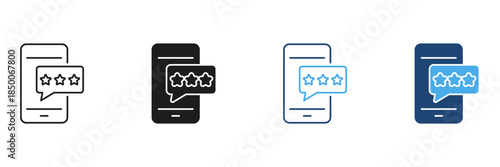 Smartphone With Star Rating Speech Bubble Line And Solid Icon Set. Customer Feedback, Review, And Rating System Outline And Silhouette Symbol Collection. Isolated Vector Illustration