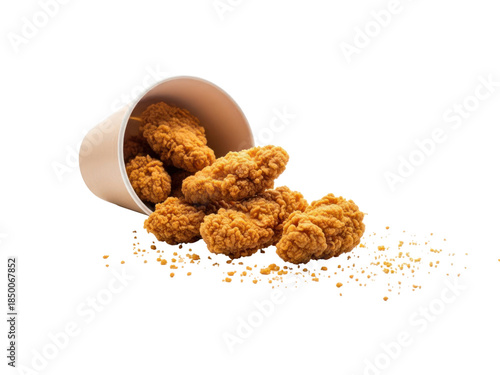 Crispy golden fried chicken tenders overflowing from a paper cup with scattered crumbs