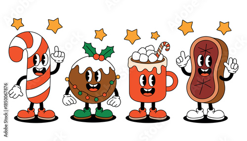 Four retro cartoon characters a candy cane christmas pudding hot chocolate and steak