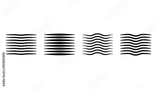 Four rows of black abstract wavy and straight line shapes on white background wavy lines
