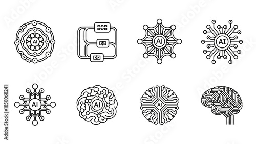 Artificial intelligence and machine learning line icons set illustrating various AI concepts including neural networks, algorithms, and human brains