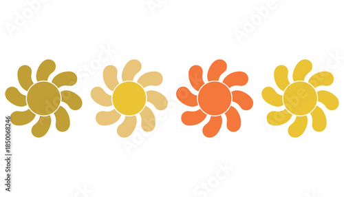 Four stylized sun shapes in gold tan orange and yellow on white background sun symbol sun motif sun pattern