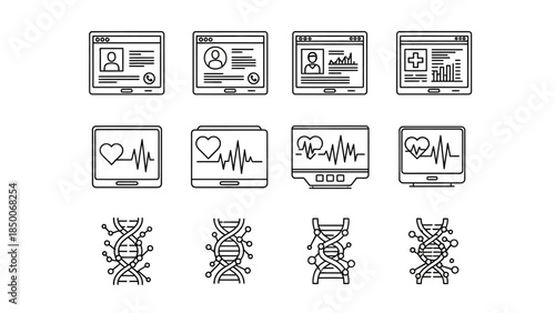Digital health and genomics line icons set showcasing medical records, heart rate monitors, and DNA structures for biotechnology and healthcare