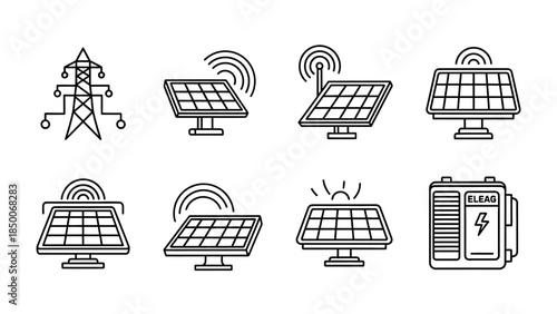 Solar energy and power generation line icons set featuring electricity pylons, solar panels with wireless signals, and battery storage solutions