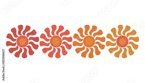 Four stylized sunburst flower shapes in gradient shades of red and orange on white background floral