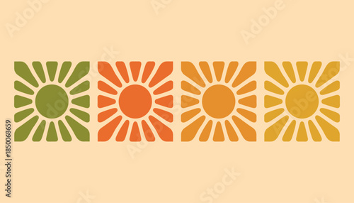 Four stylized sunbursts in a row with a gradient of green orange and yellow colors on a cream background