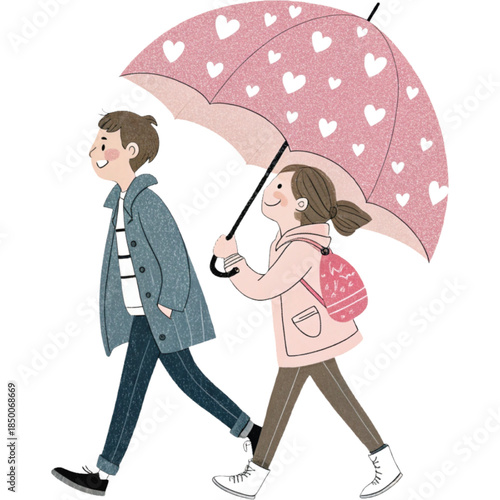 A couple walking under a heart-shaped umbrella clipart, white background
