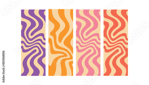 Four vertical wavy stripe patterns in purple orange pink and coral on cream background wavy stripes abstract