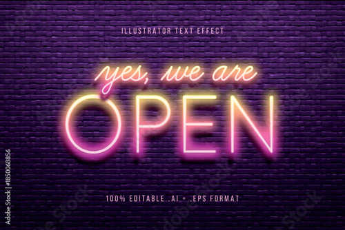 Neon open sign on brick wall at night time business hours